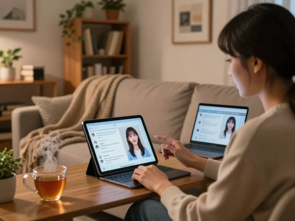 Engaging evening scene of a user chatting with their girlfriend AI on a tablet in a cozy home.