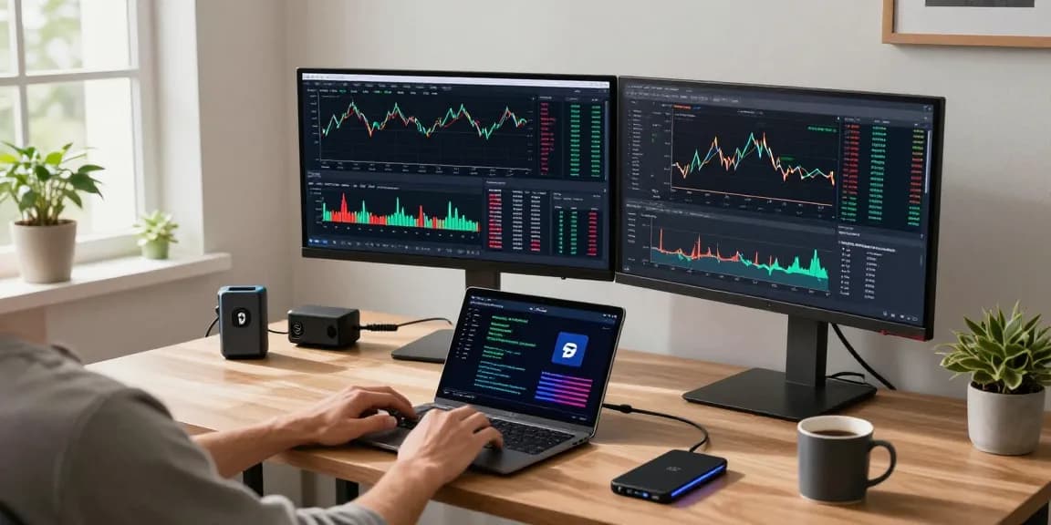 Hitpaw Edimakor in einem modernen Krypto-Büro mit digitalen Währungsdiagrammen, Sicherheitstools und DeFi-Daten.