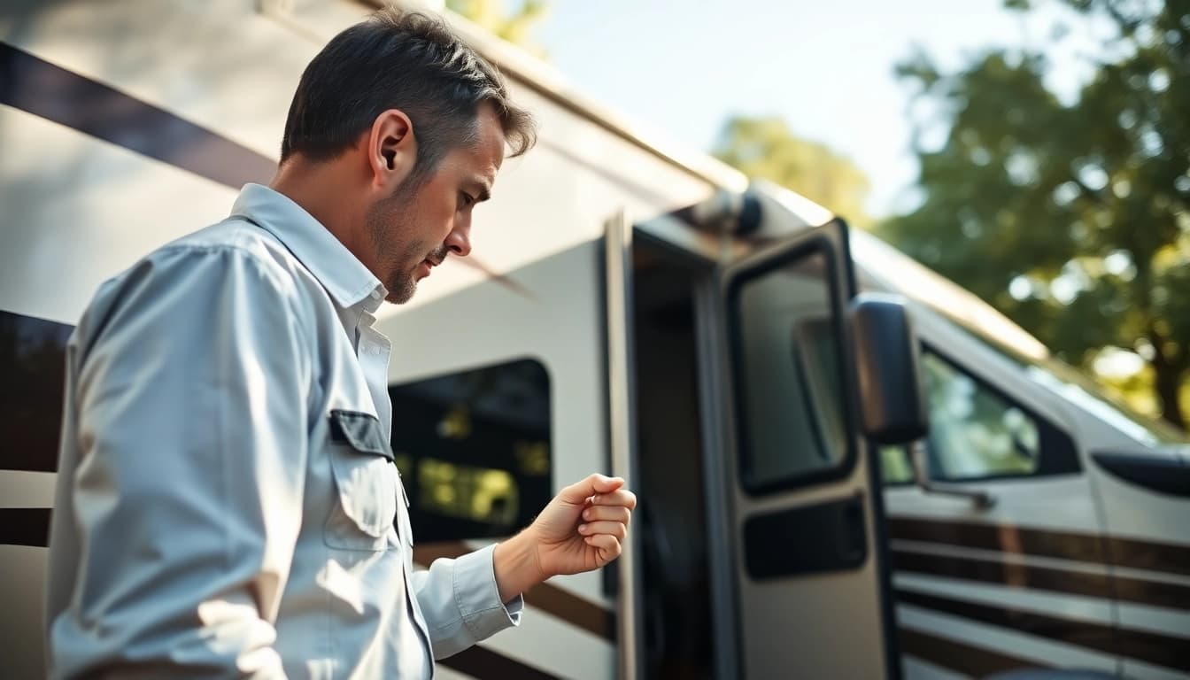 Wohnmobil Gutachten in der Bewertung durch einen Experten im Freien