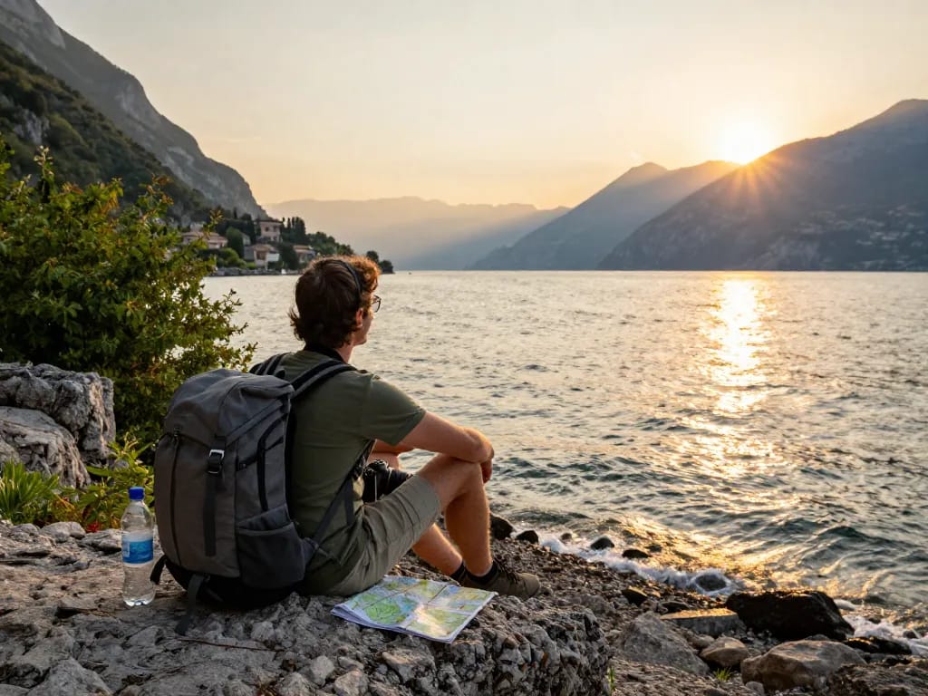 Gardasee Reisetipps für die Erkundung atemberaubender Ausblicke und Landschaften am Gardasee während des Sonnenuntergangs.