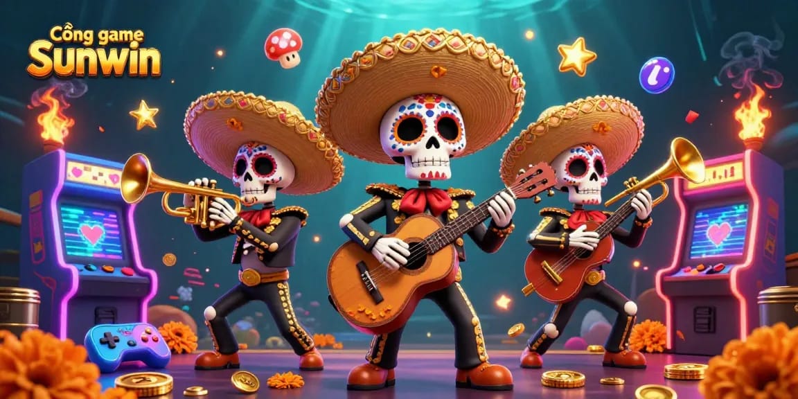 Engage with Cổng game Sunwin's vibrant gaming adventure featuring a mariachi band, arcade machines, and casino gold elements.