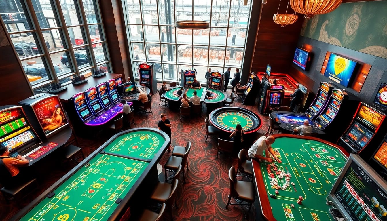 Spielen Sie faszinierende casinospiele in einer farbenfrohen casinoumgebung mit lebhaften Spielern.