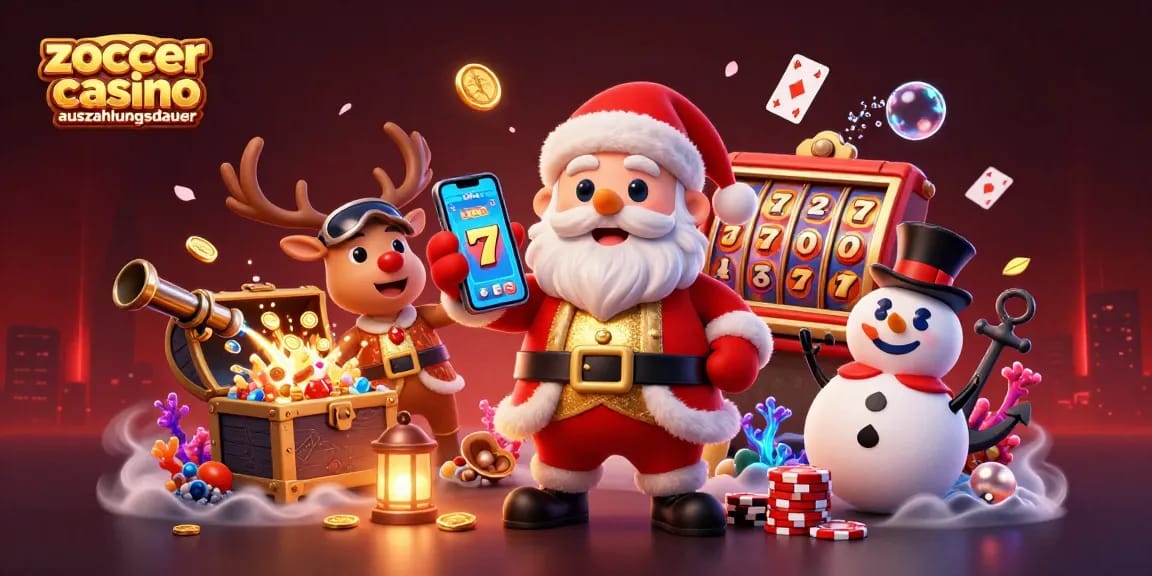 Erleben Sie die Zoccer Casino Auszahlungsdauer mit einem fröhlichen Santa Claus und Spielkarten beim Gewinnen.
