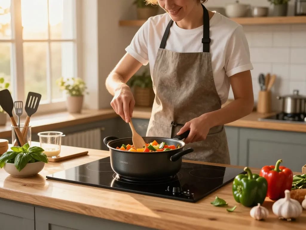 Kochen mit dem besten Induktionstopf in einer warmen, einladenden Küche