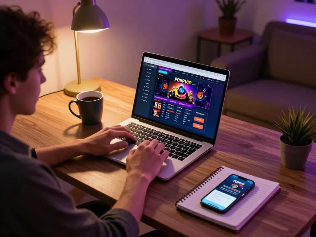 PHPVIP player engaging with online casino games on a laptop in a cozy home setup.