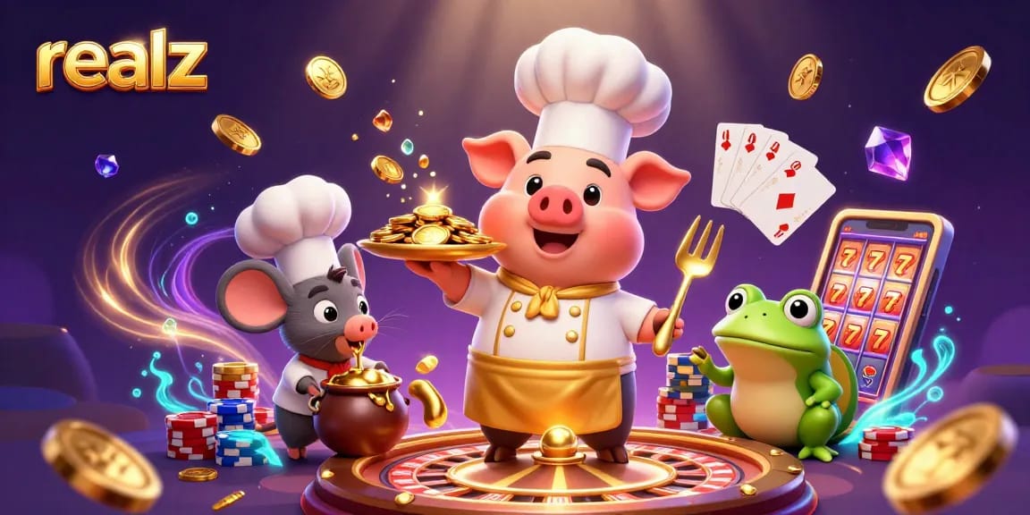 Spiele realz mit einer 3D-Illustration von einem Kochschwein, das Goldmünzen serviert.