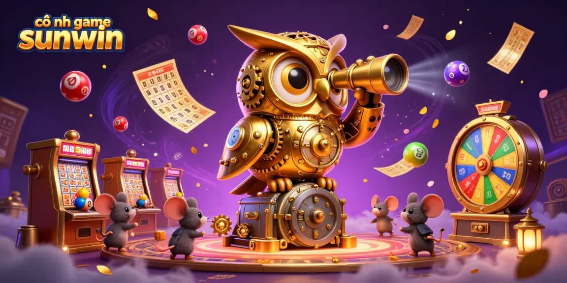 Engage in cổng game sunwin with vibrant lottery elements and a whimsical owl in a captivating casino.