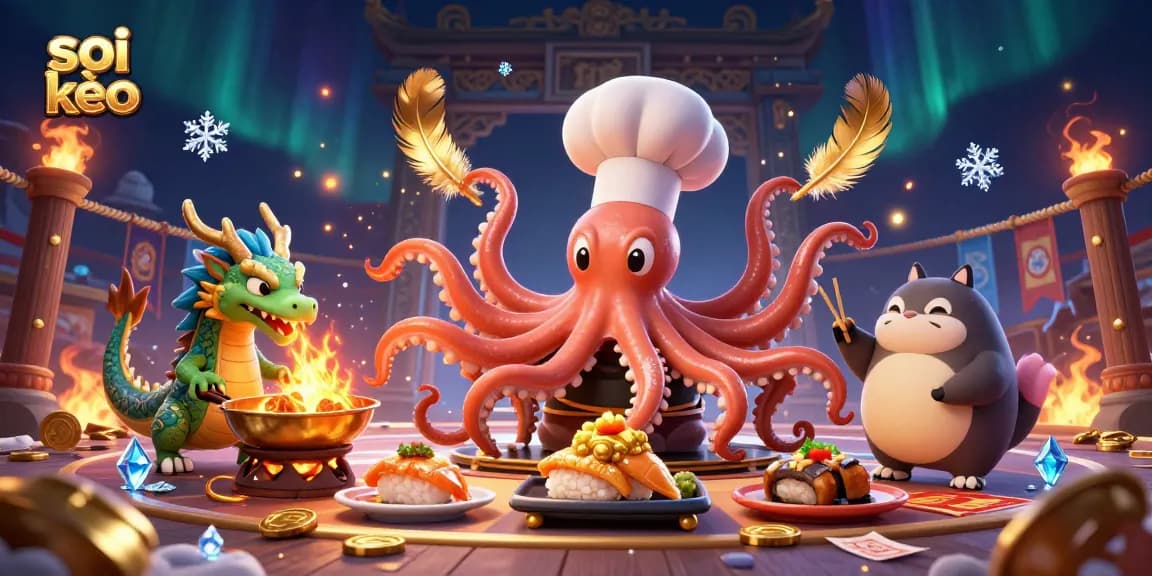 Soi kèo expert sushi chef octopus and dragon in a thrilling sports betting arena.