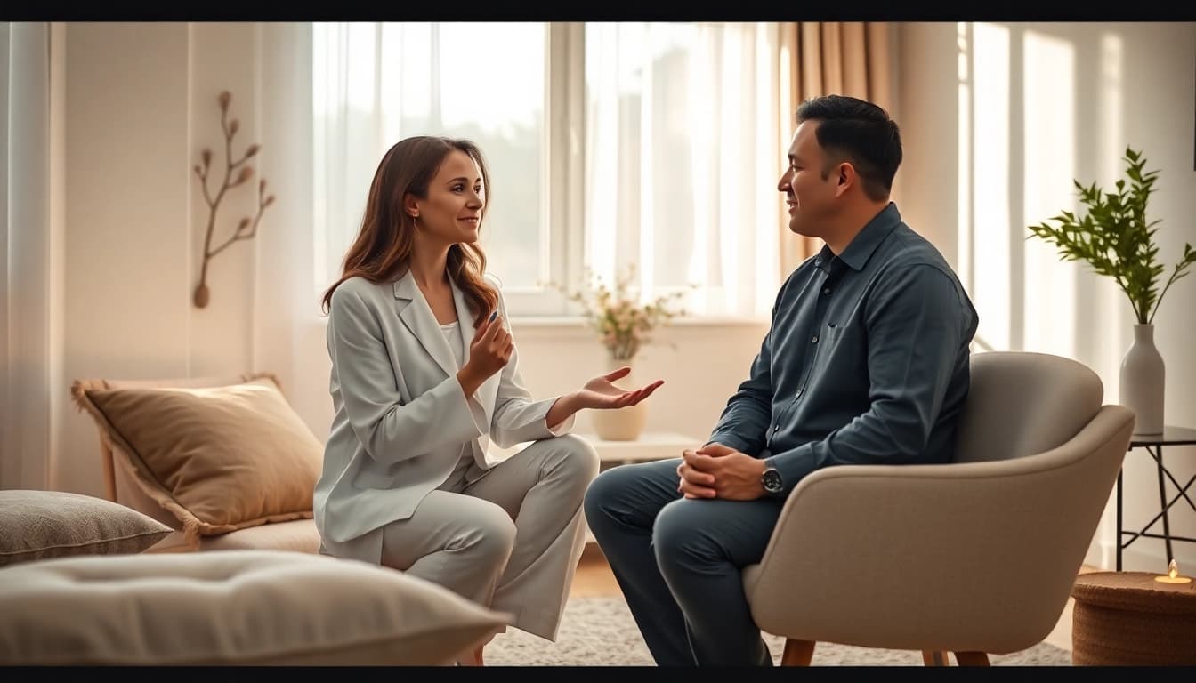 Reinkarnationstherapie-Sitzung mit einem Therapeuten und Klienten in einem ruhigen Raum.
