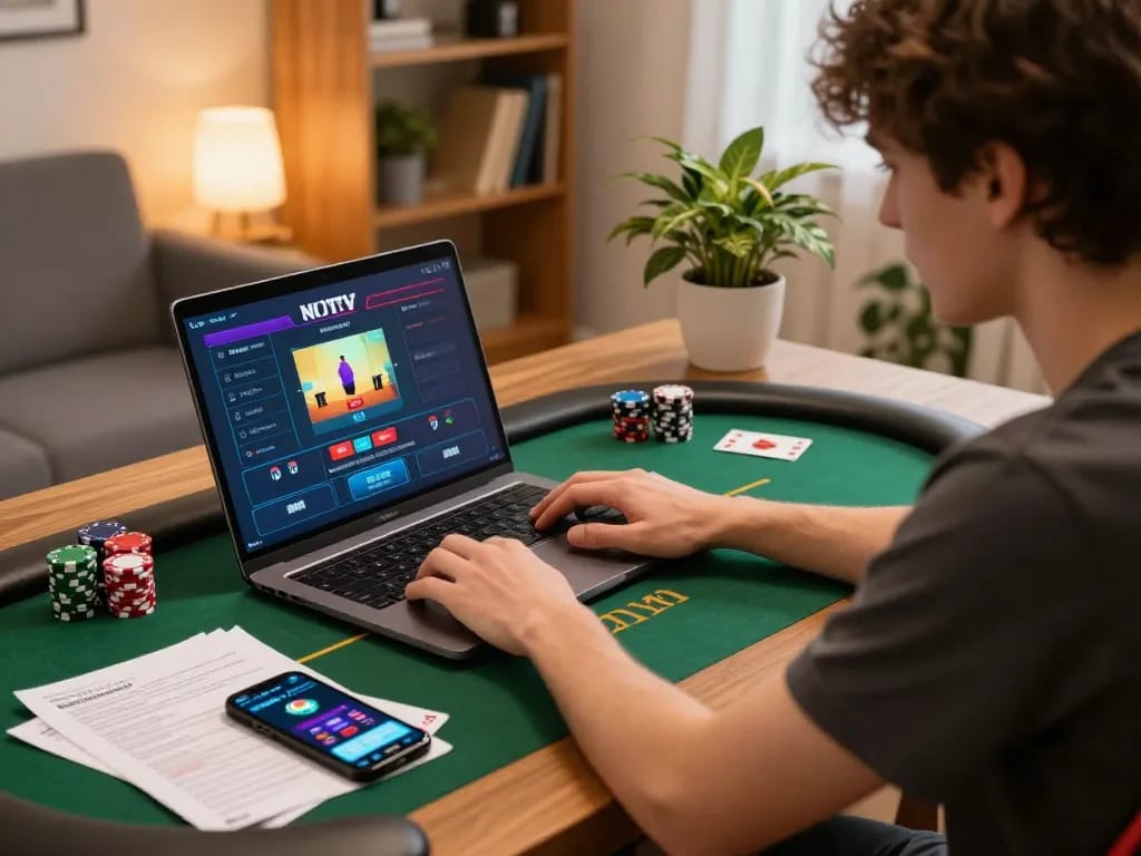 Engaging online poker gameplay with a focus on KI Detektor deutsch, showcasing strategic betting practices in a cozy home environment.