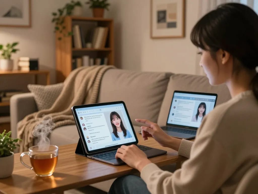Engaging evening scene of a user chatting with their girlfriend AI on a tablet in a cozy home.