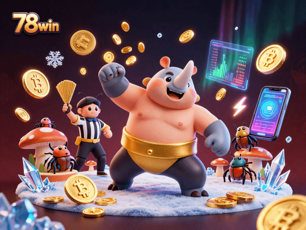 Engage with 78win's dynamic betting scene featuring a rhinoceros beetle champion and glowing cryptocurrencies.