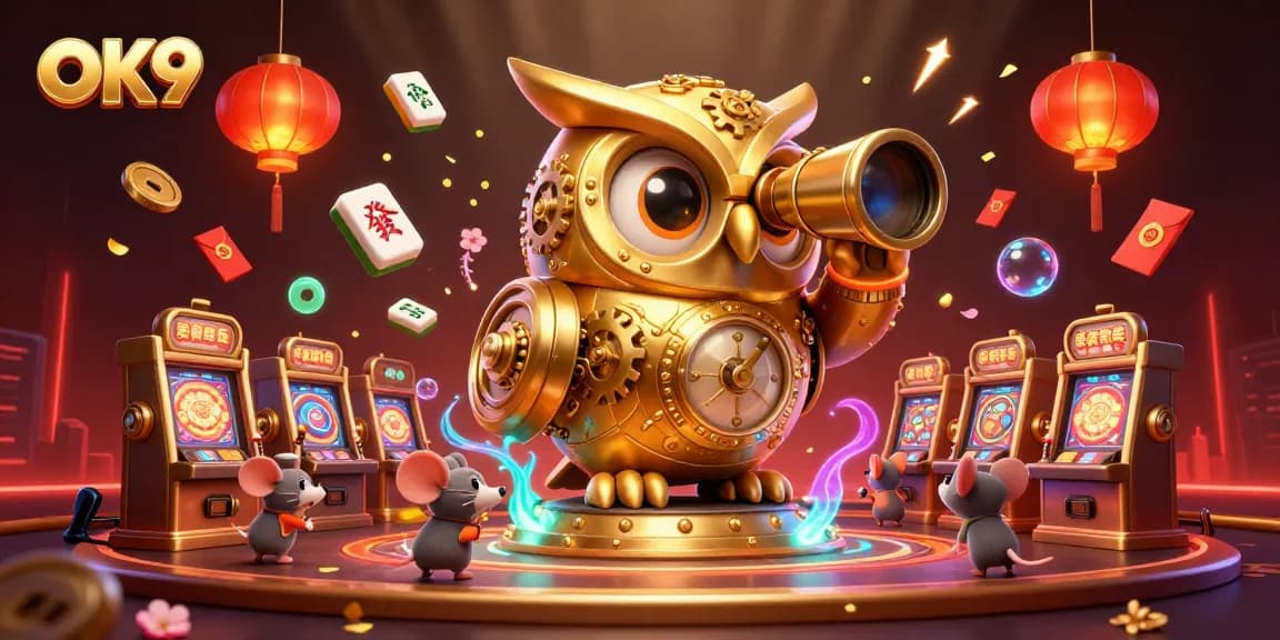 Engage in thrilling gameplay at OK9 with a clockwork owl overseeing the vibrant casino floor filled with action.