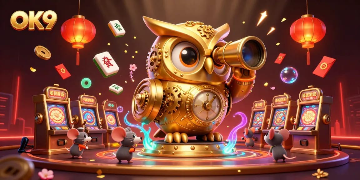 Engage in thrilling gameplay at OK9 with a clockwork owl overseeing the vibrant casino floor filled with action.
