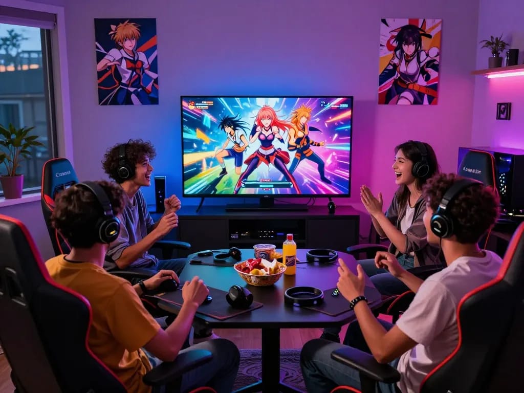 Friends enjoying an exciting hentai game night with colorful lighting and snacks.
