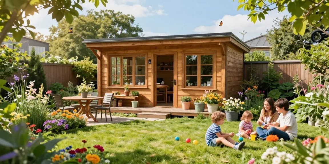 Garten Haus in einem schönen Garten mit blühenden Pflanzen und einer Familie, die entspannt.