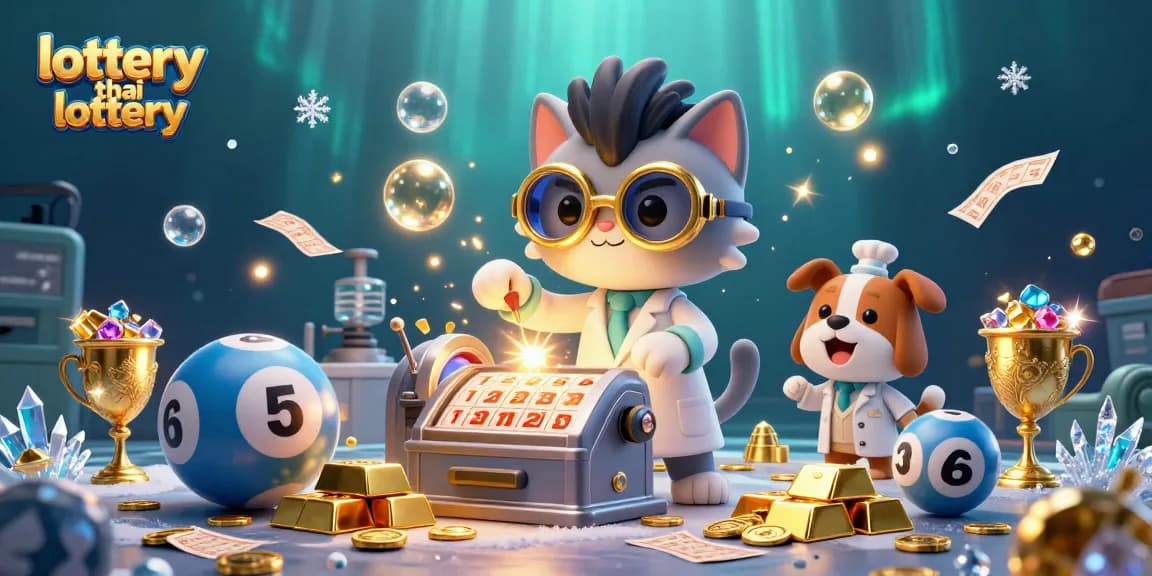 Participate in the lottery thai lottery with a mad scientist cat and golden ticket excitement.