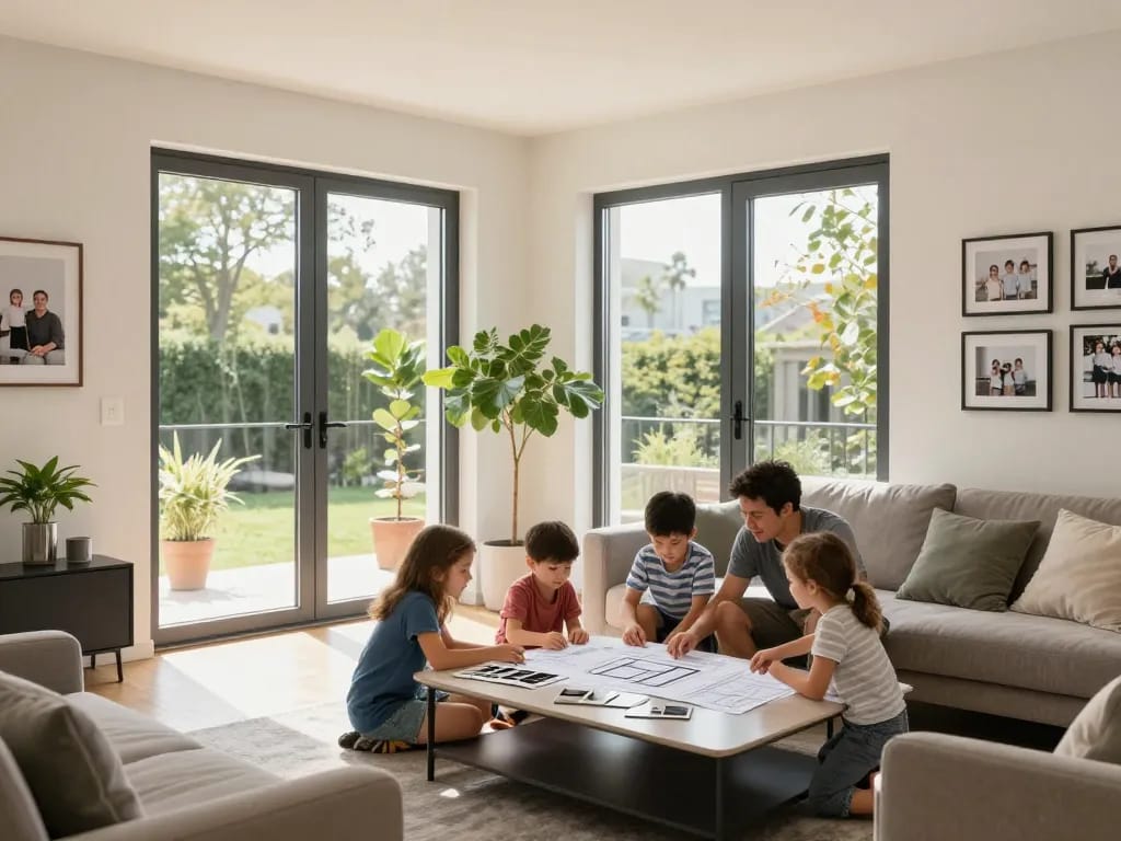Modernes Wohnzimmer mit maßgeschneiderten Fenstern vom Fensterbau Bonn und Familienbesprechung zur Designplanung.