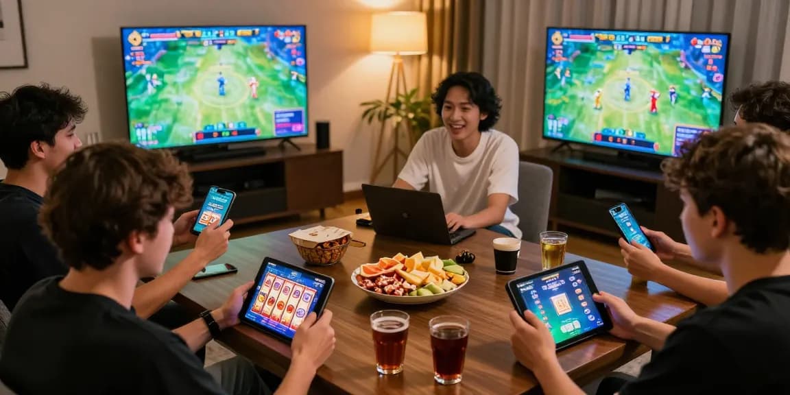 Players enjoying games on https://b52club.radio.fm/ in a lively gaming environment, showcasing tablets and mobile screens.