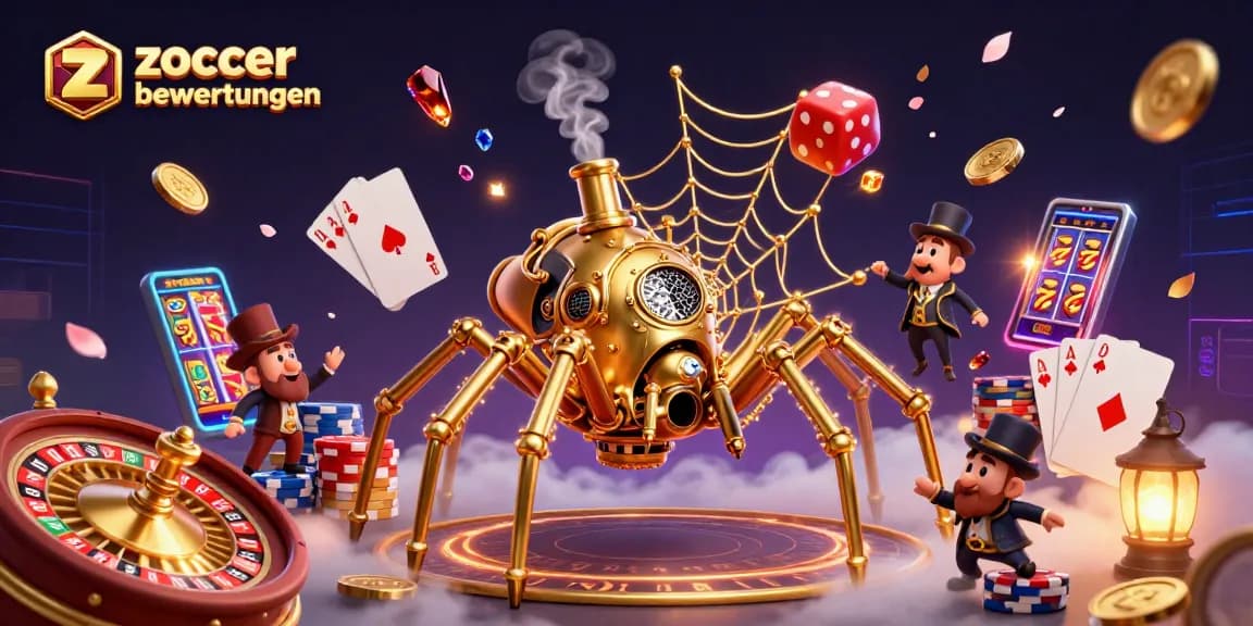 Zoccer casino bewertungen showcases a lively 3D scene with a golden spider and playful characters engaging in thrilling casino activities.
