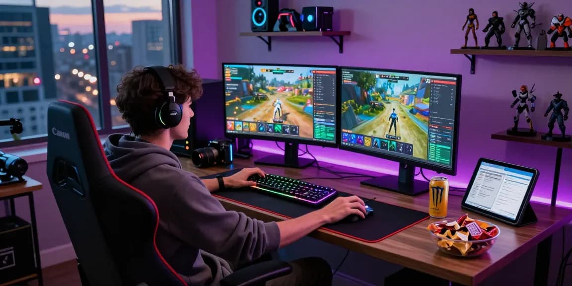 Engaged gamer at FAFA828 setup with dual monitors, RGB keyboard, and energetic atmosphere.