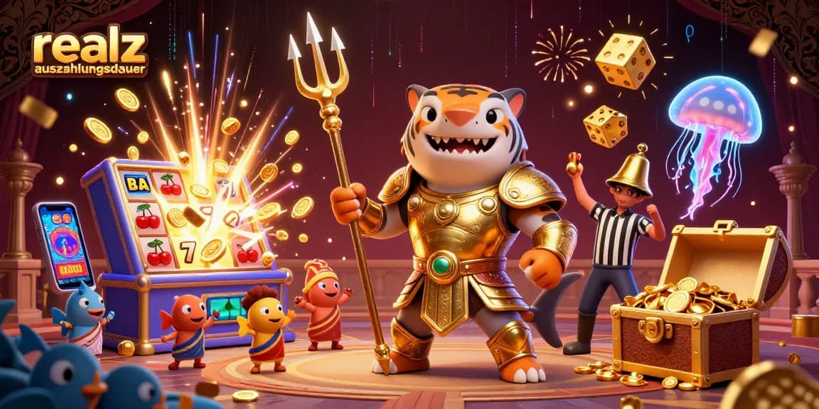 Die Realz Casino Auszahlungsdauer erleben in einem dynamischen 3D-Szenario mit einem Tigerhai und spannenden Spielautomaten.