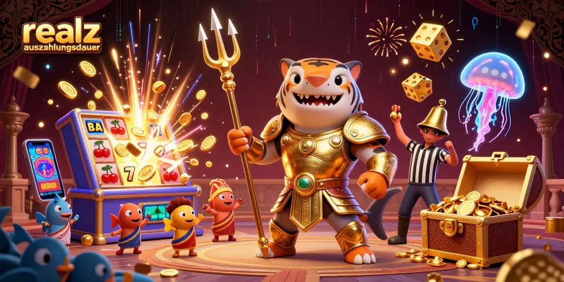 Die Realz Casino Auszahlungsdauer erleben in einem dynamischen 3D-Szenario mit einem Tigerhai und spannenden Spielautomaten.