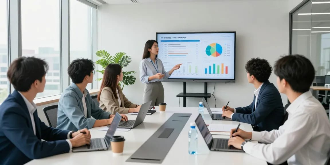 Bewertungsplattform Führung: Teammeeting mit Präsentation von Mitarbeiterfeedback und lebendiger Diskussion