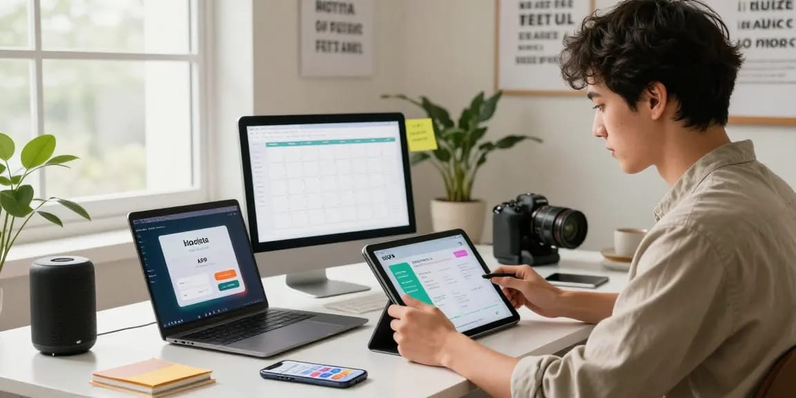 Honista atualizado workspace showcasing a professional using the app on a tablet, modern desk with tech devices, energetic atmosphere.