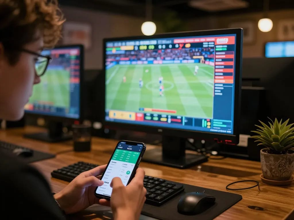 CM88 user engaging with sports betting app on smartphone at a modern setup.
