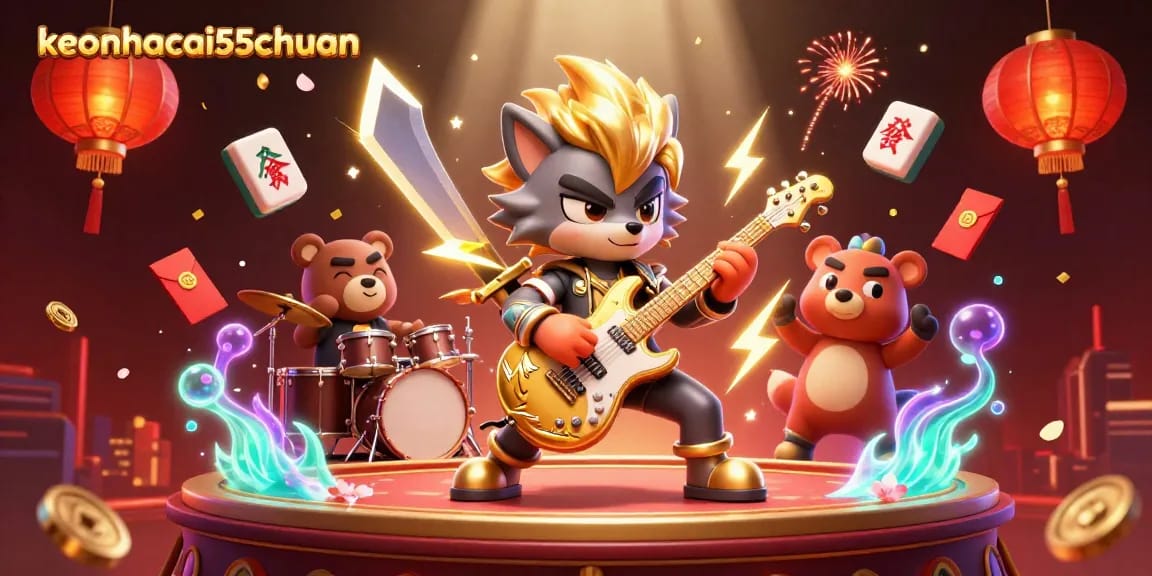 Engage in thrilling gaming action with keonhacai55chuan at a vibrant casino stage featuring a rock star wolf.