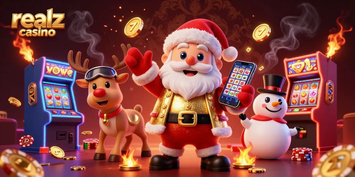 Experience the excitement of realz casino with a festive 3D illustration of Santa, reindeer, and snowman amidst vibrant slot games.
