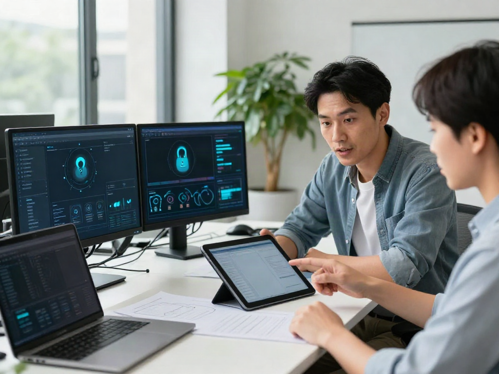 IT Sicherheit für KMU: IT-Sicherheitsberater analysiert Risiken in modernem Büro