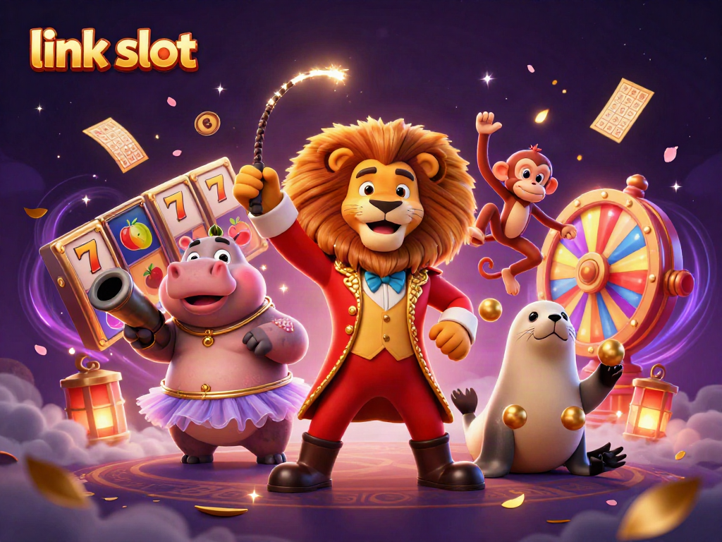 Experience the thrill of link slot with vibrant characters and dynamic gaming elements in a colorful casino illustration.
