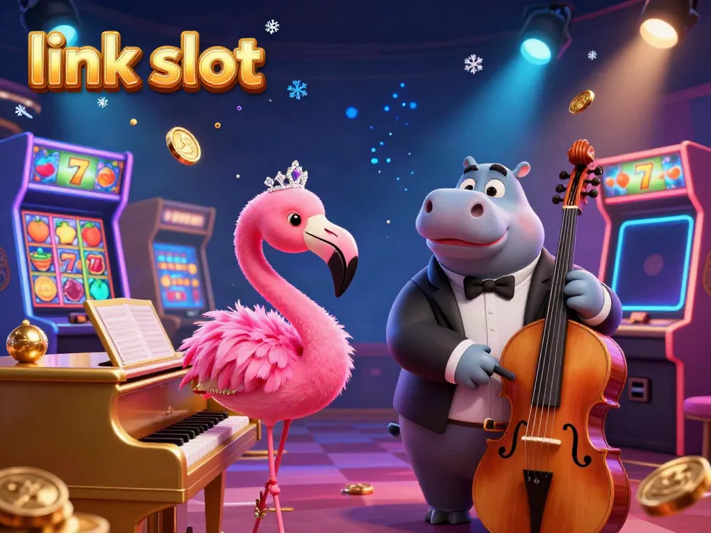 Experience fun with link slot amidst a lively casino scene featuring colorful characters and game elements.