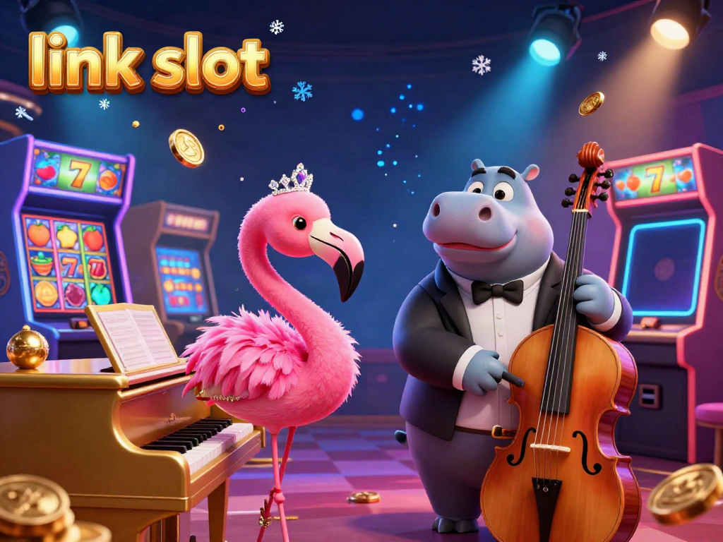 Experience fun with link slot amidst a lively casino scene featuring colorful characters and game elements.
