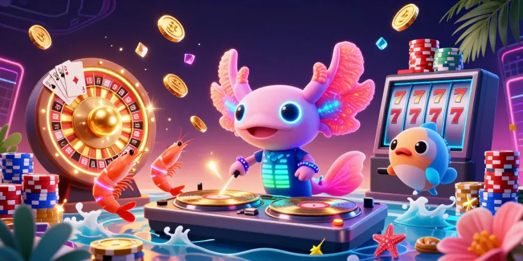 Nbet's vibrant casino experience illustrated by a neon axolotl DJ spinning records surrounded by animated sea creatures and shining casino elements.