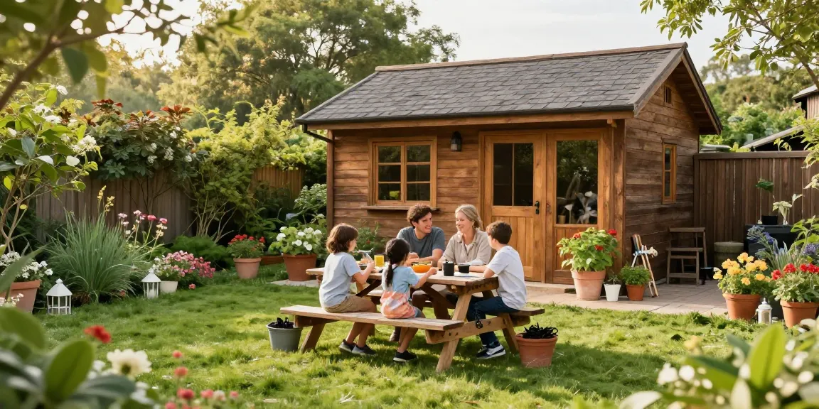 Gartenhaus kaufen: Ein wunderschönes Holz-Gartenhaus in einem idyllischen Garten mit blühenden Pflanzen und einer Familie, die Zeit im Freien verbringt.