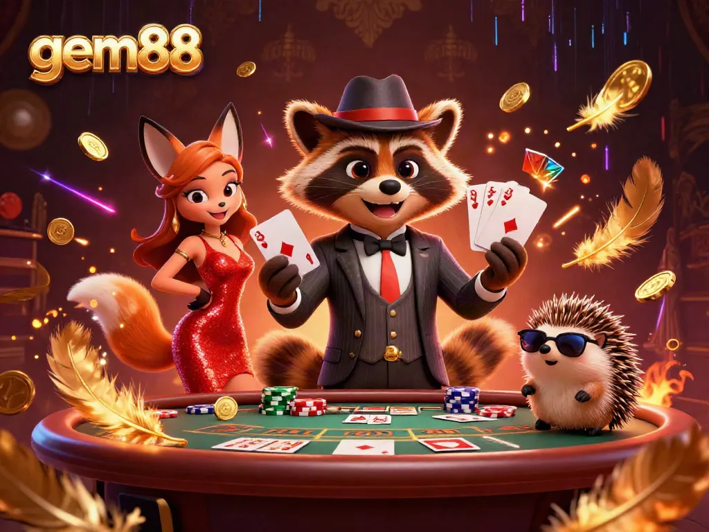 Play poker at gem88 with charming characters and rich casino atmosphere depicted in a vibrant 3D illustration.