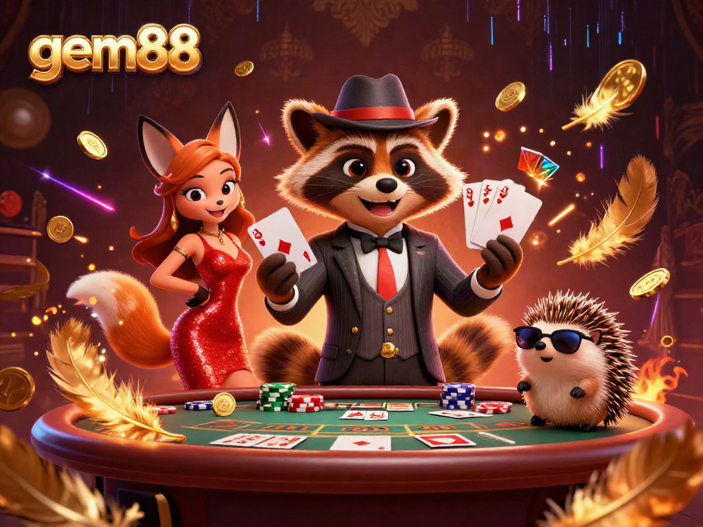 Play poker at gem88 with charming characters and rich casino atmosphere depicted in a vibrant 3D illustration.
