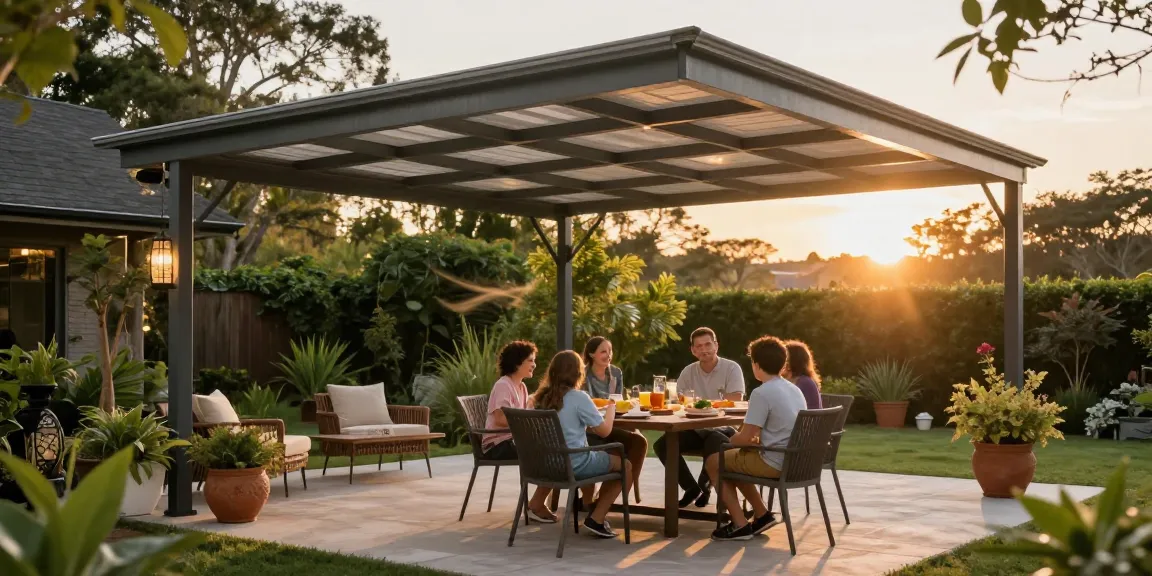 Terrassenüberdachungen ermöglichen einladende Outdoor-Momente mit Familie im grünen Garten.