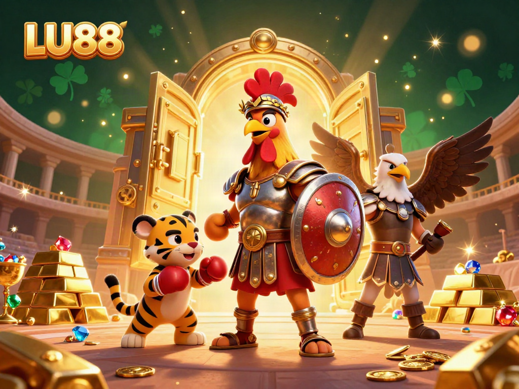LU88 presents a lively gaming scene with a gladiator rooster, a tiger cub, and sparkling treasures.