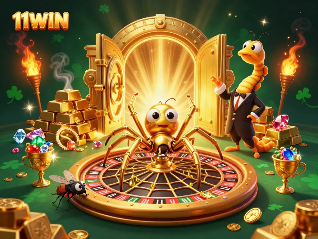 Experience the thrill at 11WIN with a captivating roulette wheel scene featuring playful characters and treasures.