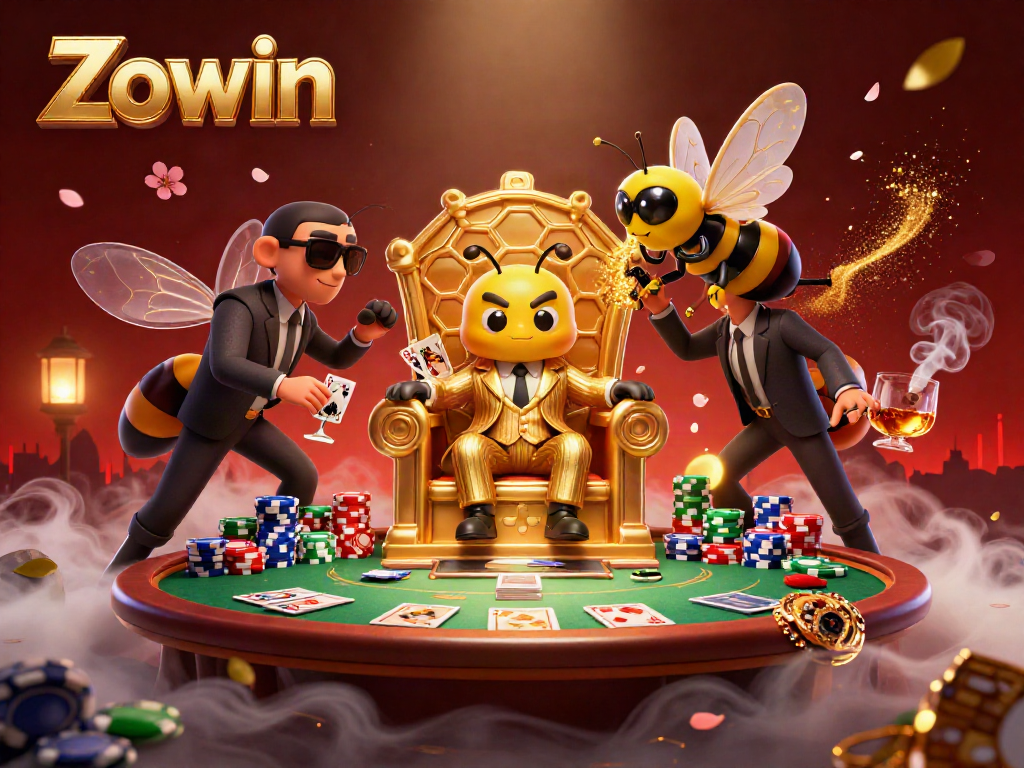 Zowin's engaging scene showcases a bumblebee mob boss presiding over a lively poker game in a vibrant casino atmosphere.