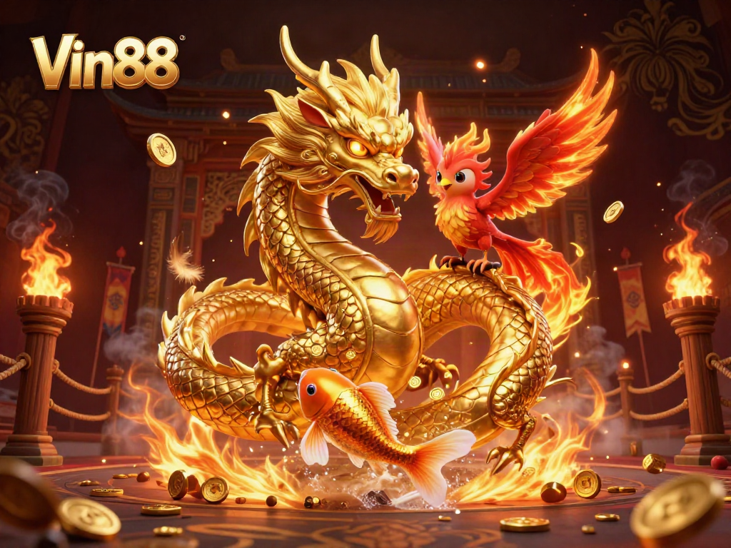 Experience Vin88 with an ultra-detailed 3D casino scene featuring a majestic dragon and vibrant phoenix.