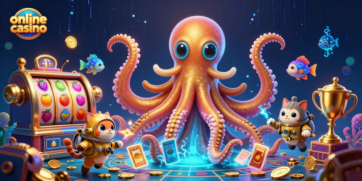 Spin slots and win big at this dynamic online casino scene featuring kraken and diving cat.