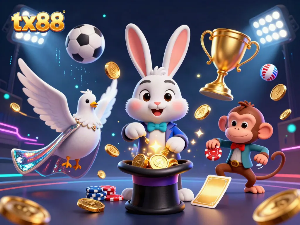 Experience the excitement of tx88 with a magician rabbit, shimmering doves, and poker chips in a dynamic casino scene.
