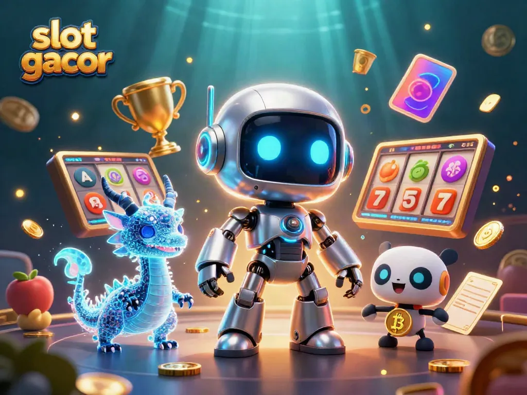 Engage with thrilling slot gacor gameplay showcased by a vibrant cyberpunk robot mascot, dragon companion, and bitcoin drone.