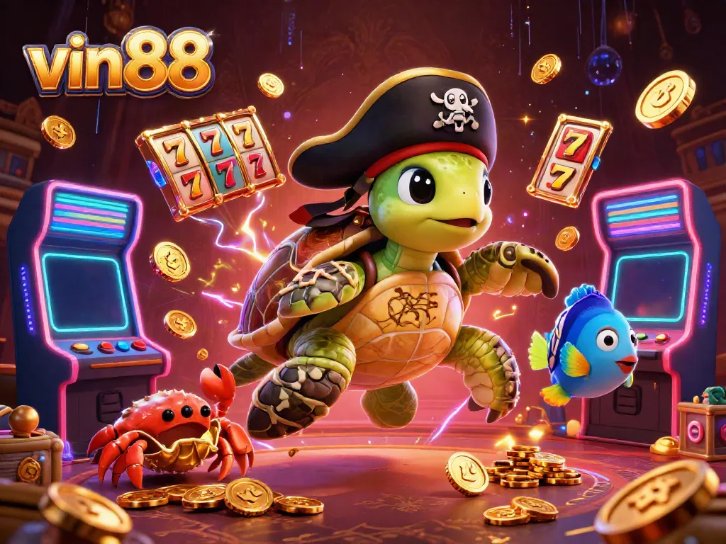 Experience the thrilling world of vin88 with a vibrant casino scene featuring a cartoon pirate turtle, hermit crab, and parrotfish.