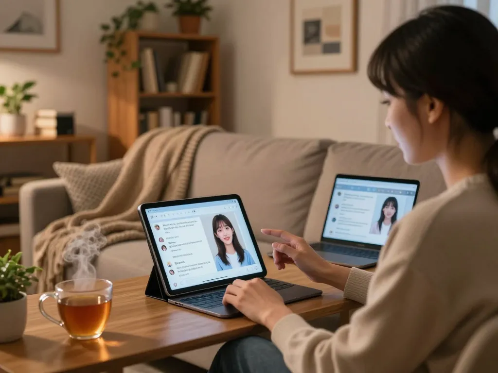 Engaging evening scene of a user chatting with their girlfriend AI on a tablet in a cozy home.